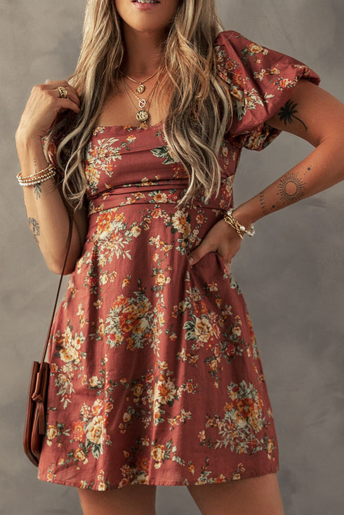 Floral Square Neck Puff Sleeve Open Back Mini Dress